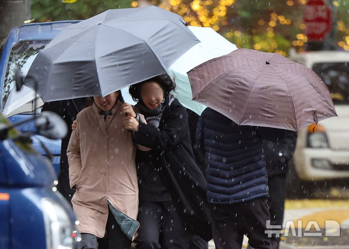 [서울=뉴시스] 황준선 기자 = 눈이 내린 26일 오전 서울 중구 거리에서 우산을 쓴 시민들이 발걸음을 제촉하고 있다. 2024.11.26. hwang@newsis.com