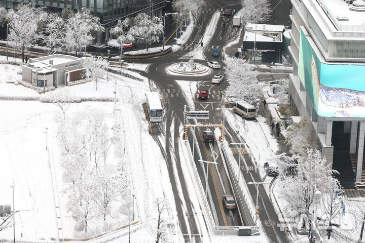 [서울=뉴시스] 김명원 기자 = 서울 전역에 대설주의보가 발효된 27일 오전 서울 종로구 광화문 광장 인근에 흰눈이 하얀세상을 만들어 놓고 있다. 기사 내용과 직접적인 관련 없음. 2024.11.27. kmx1105@newsis.com