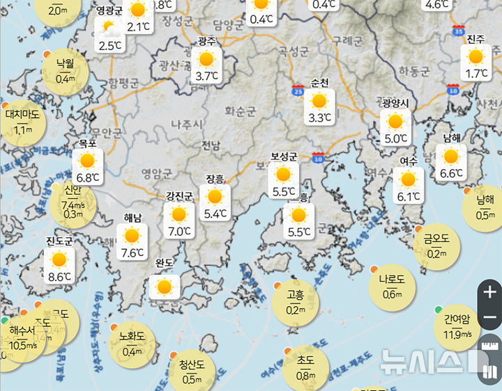 [광주=뉴시스] 광주와 전남지역 오전 기온 분포도. (사진=기상청 홈페이지 갈무리). photo@newsis.com *재판매 및 DB 금지