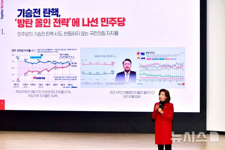 [서울=뉴시스] 나경원 국민의힘 의원이 11월30일 당원 대상 특별 강연을 하고 있다. (사진 = 나 의원 페이스북 갈무리) 2024.12.01. photo@newsis.com