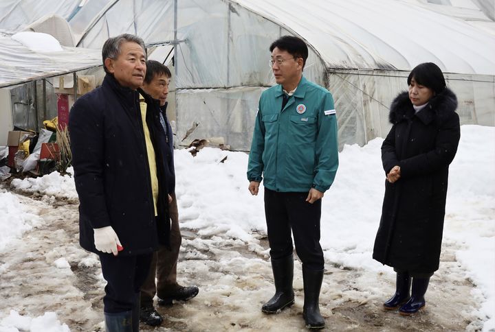 지난달 29일 이석용 NH농협은행장(오른쪽 두 번째)이 폭설 피해를 입은 농가를 방문해 피해 상황에 대해 듣고 있다.(사진=NH농협은행 제공) *재판매 및 DB 금지
