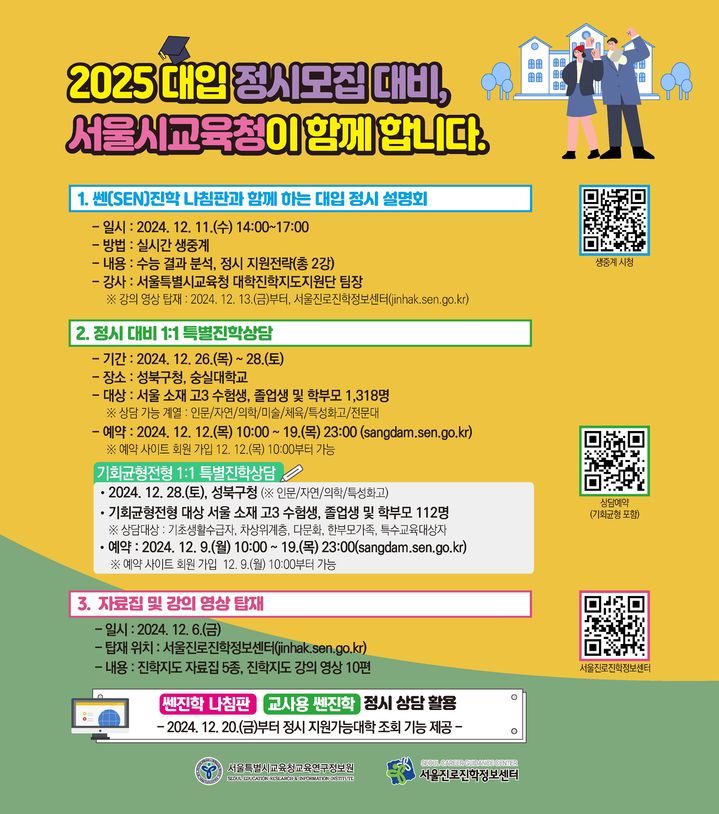 [서울=뉴시스] 서울시교육청은 2025 대입 정시모집을 대비해 산하 교육연구정보원에서 주관하는 대입 설명회를 실시하고 1:1 특별진학상담센터도 운영한다. (포스터=서울시교육청 제공) 2024.12.02. *재판매 및 DB 금지