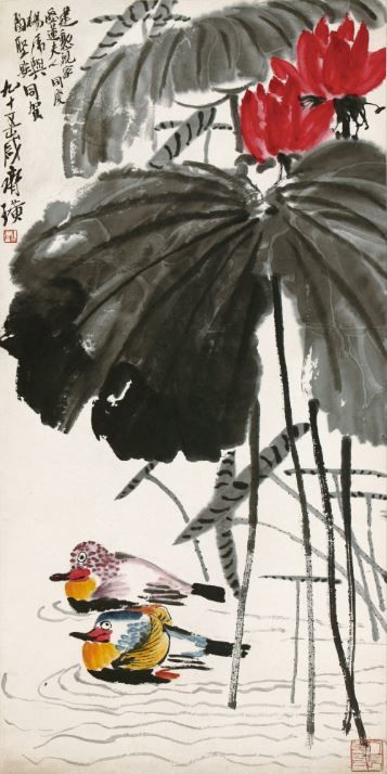 치바이스(齊白石) 〈연꽃과 원앙(荷花鴛鴦)〉, 1955, 종이에 먹, 색, 137.7×67.8cm, 중국미술관 소장 *재판매 및 DB 금지