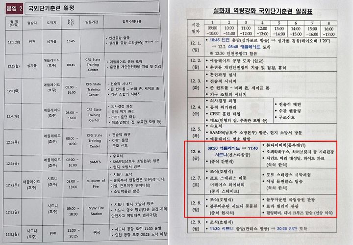  [세종=뉴시스] 송승화 기자 = (왼쪽) 세종시로부터 승인 받은 일정표와 (오른쪽)연수생들이 만들었다고 주장하는 실제 일정표. 2024.12.02. ssong1007@newsis.com *재판매 및 DB 금지