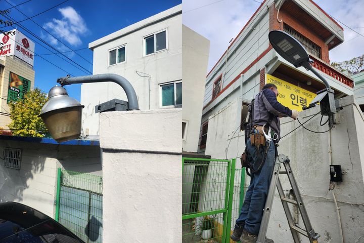 [부산=뉴시스] 부산 사상경찰서는 안전 사고가 우려되는 노후 보안등을 LED 보완등으로 교체했다. (사진=사상경찰서 제공) 2024.12.03. photo@newsis.com *재판매 및 DB 금지