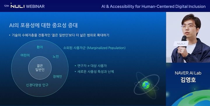 [서울=뉴시스] 네이버가 지난 3일 '널리 웨비나'를 열고 다양한 이용자를 위한 포용적 인공지능(AI) 기술 중요성과 접근성 개선 사례를 공유했다고 4일 밝혔다. 김영호 네이버클라우드 AI 랩 리더가 연사로 참여한 모습 (사진=네이버 제공) *재판매 및 DB 금지