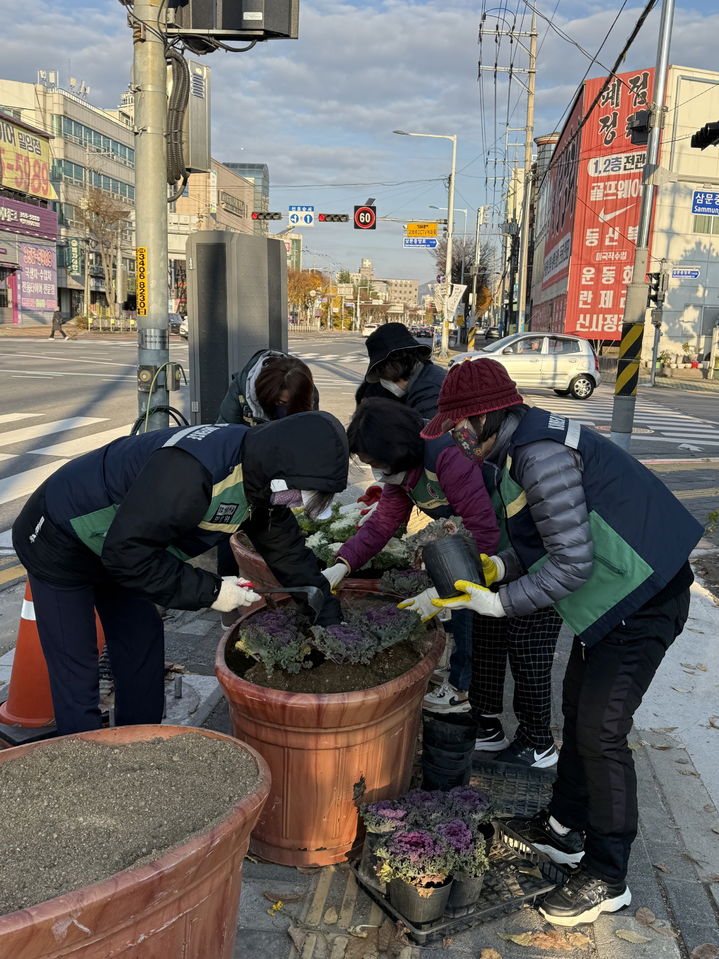 [밀양=뉴시스] 삼문동 여성민방위기동대원들이 화분에 꽃을 심고 있다. (사진=밀양시 제공) 2024.12.04. photo@newsis.com *재판매 및 DB 금지