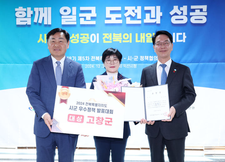 [고창=뉴시스] 고창군의 '농업서류 간소화 서비스' 등이 전북자치도의 '2024 시군 우수정책 발표대회'에서 대상을 받았다. 상을 받은 심덕섭 고창군수(오른쪽 첫번째)와 군 관계자, 김관영 도지사(왼쪽 첫번째)가 사진을 찍고 있다. *재판매 및 DB 금지