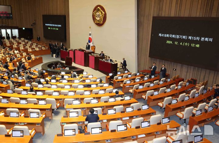 [서울=뉴시스] 조성우 기자 = 윤석열 대통령이 긴급 대국민 담화를 통해 비상계엄령을 발표한 가운데 4일 새벽 서울 여의도 국회에서 우원식 국회의장 주재로 본회의가 열리고 있다. 2024.12.04. xconfind@newsis.com