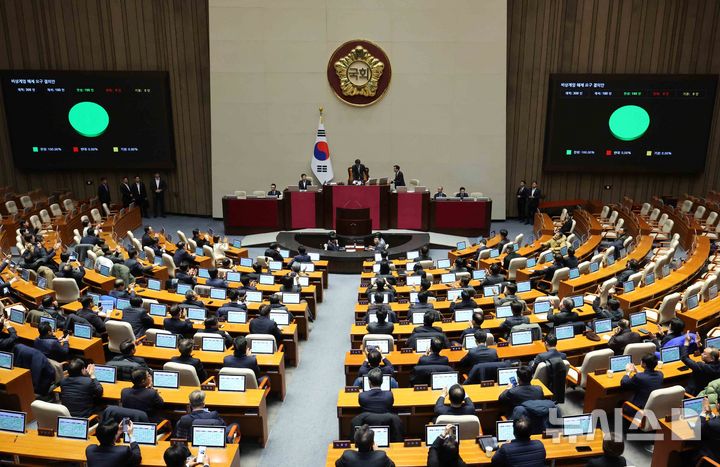 [서울=뉴시스] 조성우 기자 = 윤석열 대통령이 긴급 대국민 담화를 통해 비상계엄령을 발표한 가운데 4일 새벽 서울 여의도 국회에서 열린 본회의에서 비상계엄 해제요구안이 가결되고 있다. 2024.12.04. xconfind@newsis.com