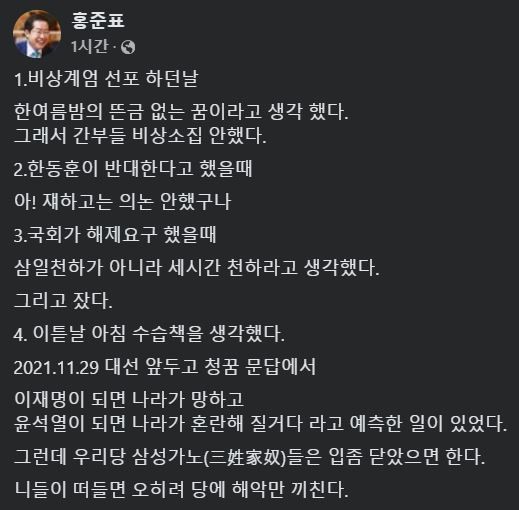 [서울=뉴시스] 2024년 12월 5일 홍준표 대구시장이 자신의 페이스북에 윤석열 대통령 비상계엄 선포부터 이튿날까지의 생각과 친한계 인사들에 대한 생각을 담은 글을 올렸다.(사진=홍준표 페이스북 갈무리) *재판매 및 DB 금지
