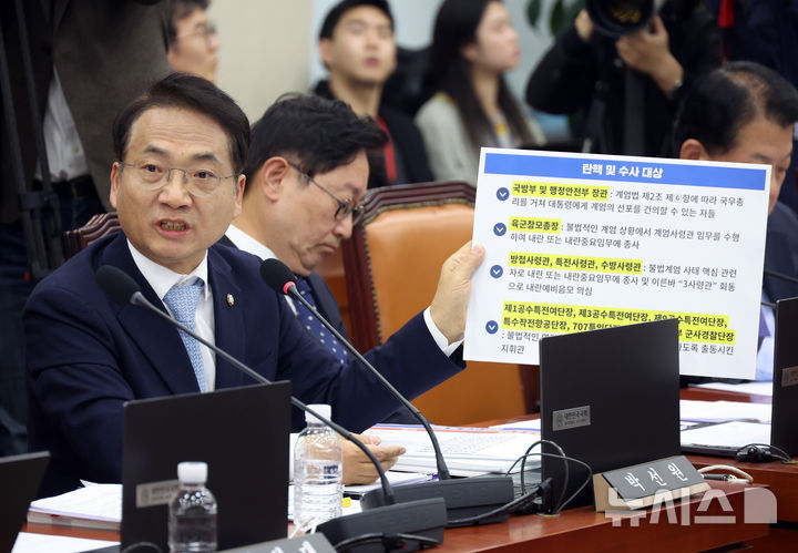 [서울=뉴시스] 고승민 기자 = 박선원 더불어민주당 의원이 5일 서울 여의도 국회에서 열린 국방위원회 제8차 전체회의에서 김선호 국방부 차관, 박안수 육군참모총장에게 질의를 하고 있다. 2024.12.05. kkssmm99@newsis.com