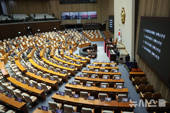 [서울=뉴시스] 권창회 기자 = 5일 오전 서울 여의도 국회 본회의장에서 최재해 감사원장, 이창수 서울중앙지검장, 조상원 4차장검사, 최재훈 반부패수사2부장에 대한 탄핵소추안이 모두 가결되고 있다. 2024.12.05. kch0523@newsis.com