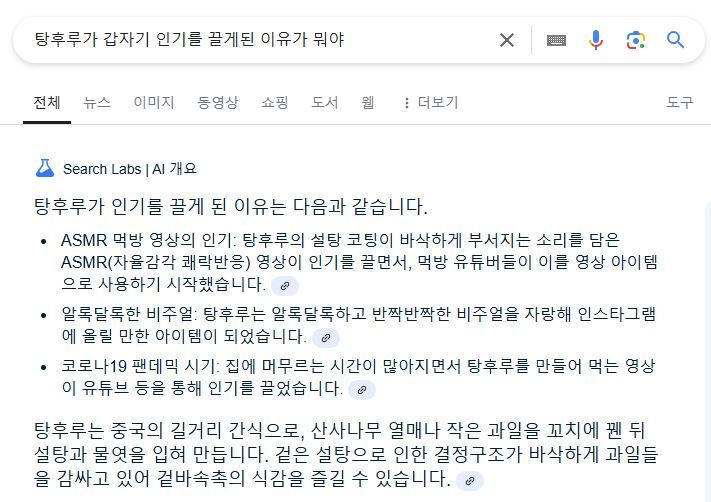 [서울=뉴시스] 6일 구글에 따르면 구글코리아는 전날 공식 블로그를 통해 'AI 개요' 한국 출시 소식을 전했다. (사진=구글 검색 캡처) *재판매 및 DB 금지