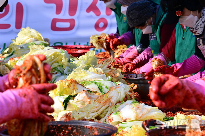 [남해=뉴시스] 차용현 기자 = 6일 오전 경남 남해군 서면행정복지센터에서 지역 새마을남녀지도자들이 사랑의 김장김치 담그기 행사를 진행하고 있다. 이날 새마을 지도자들은 손수 담근 1000여포기의 김장김치를 취약계층 가정에 전달했다. 2024.12.06. con@newsis.com