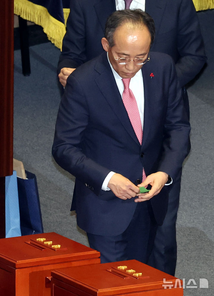 [서울=뉴시스] 조성봉 기자 = 추경호 국민의히 원내대표가 7일 오후 서울 여의도 국회에서 열린 제418회국회(정기회) 제17차 본회의에서 김건희 여사 특검법에 대한 투표를 하고 있다. 2024.12.07. suncho21@newsis.com