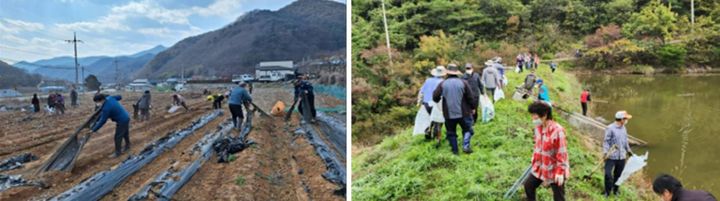 [안동=뉴시스] 청도 마봉정 마을 주민들의 영농 폐비닐 제거 및 저수지 정화 활동. (사진=경북도 제공) 2024.12.08 photo@newsis.com *재판매 및 DB 금지