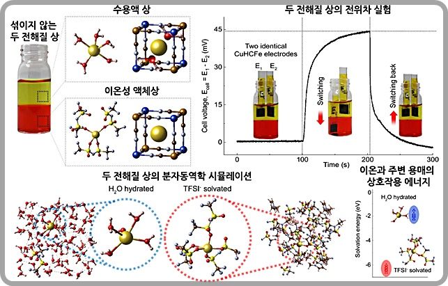 [대전=뉴시스] 섞이지 않는 두 전해질에서 전기에너지 생성 및 원리 규명도.(사진=KAIST 제공) *재판매 및 DB 금지