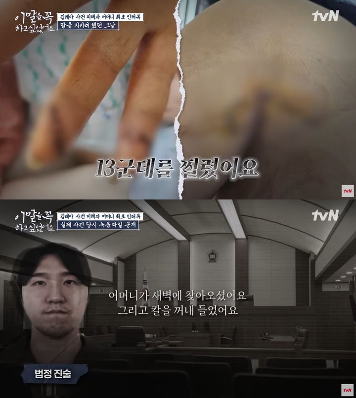 [서울=뉴시스] 화성 오피스텔 여자친구 살인사건 피해자의 어머니가 살인범 김레아의 녹음파일을 공개했다. (사진=tvN '이 말을 꼭 하고 싶었어요') *재판매 및 DB 금지
