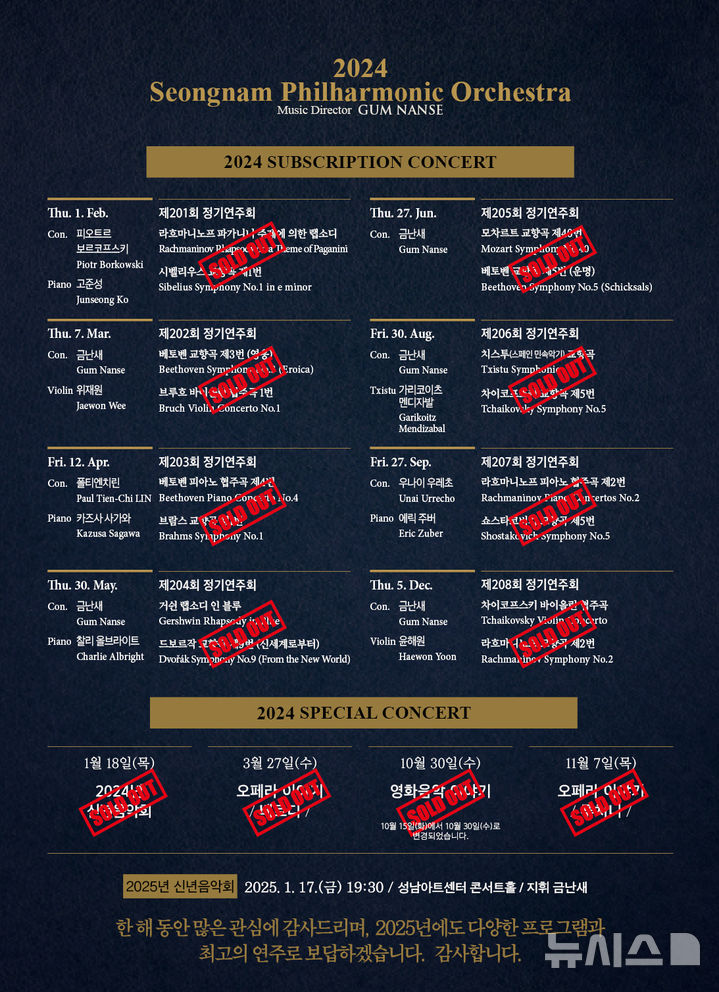[성남=뉴시스] 성남시향 공연 일정표 전석 매진 안내문 (사진=성남시향 제공) 2024.12.11.photo@newsis.com