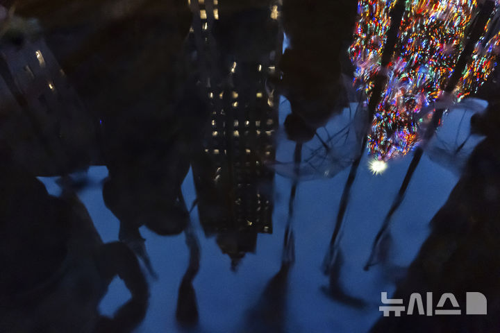 [뉴욕=AP/뉴시스] 11일(현지시각) 미국 뉴욕의 록펠러센터 크리스마스 트리가 빗물이 고인 웅덩이에 반영되고 있다. 2024.12.12.