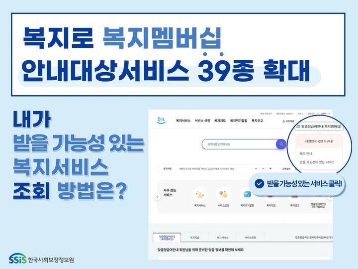 [세종=뉴시스] 복지로 복지멤버십 안내대상서비스 39종 확대 안내 화면(사진-사회보장정보원) *재판매 및 DB 금지