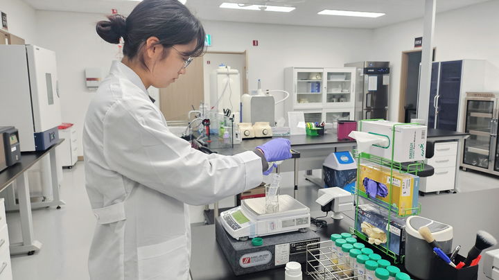 [공주=뉴시스] 잔류 농약 분류 중인 연구원 모습.(사진=공주시 제공) 2024.12.12. photo@newsis.com *재판매 및 DB 금지