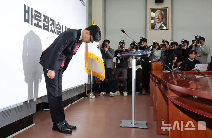 [서울=뉴시스] 조성우 기자 = 한동훈 국민의힘 대표가 12일 오전 서울 여의도 국회에서 비상계엄 사태 관련 입장 발표를 하며 고개를 숙이고 있다. 2024.12.12. xconfind@newsis.com