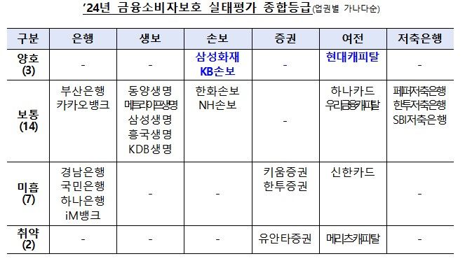 [서울=뉴시스] 금융감독원이 실시한 2024년도 금융소비자보호 실태평가 종합등급. (자료=금감원 제공) *재판매 및 DB 금지