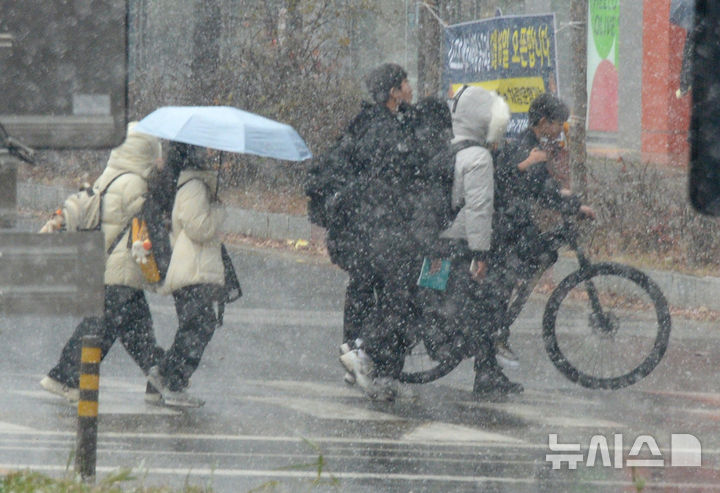 [전주=뉴시스] 김얼 기자 = 아침 기온이 영하권을 기록한 13일 전북 전주시 덕진구 송천동 세병로에 눈이 내리고 있다. 2024.12.13. pmkeul@newsis.com