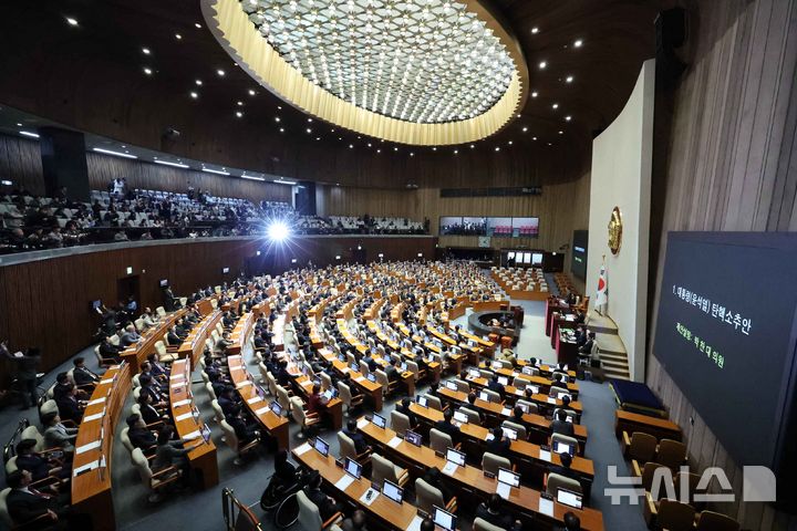 [서울=뉴시스] 조성우 기자 = 우원식 국회의장이 14일 오후 서울 여의도 국회에서 열린 제419회국회(임시회) 제4차 본회의에서 윤석열 대통령 탄핵소추안을 상정하고 있다. 2024.12.14. xconfind@newsis.com