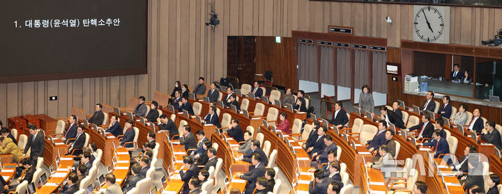 [서울=뉴시스] 고승민 기자 = 14일 서울 여의도 국회에서 윤석열 대통령 탄핵소추안을 안건으로 열린 제419회 국회(임시회) 제4차 본회의에서 국민의힘 의원들이 개표결과를 기다리고 있다. 2024.12.14. kkssmm99@newsis.com