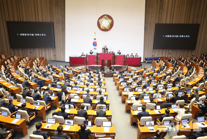 [서울=뉴시스] 고승민 기자 = 우원식 국회 의장이 14일 서울 여의도 국회에서 윤석열 대통령 탄핵소추안을 안건으로 열린 제419회 국회(임시회) 제4차 본회의에서 탄핵안 가결을 선포하고 있다. 2024.12.14. kkssmm99@newsis.com