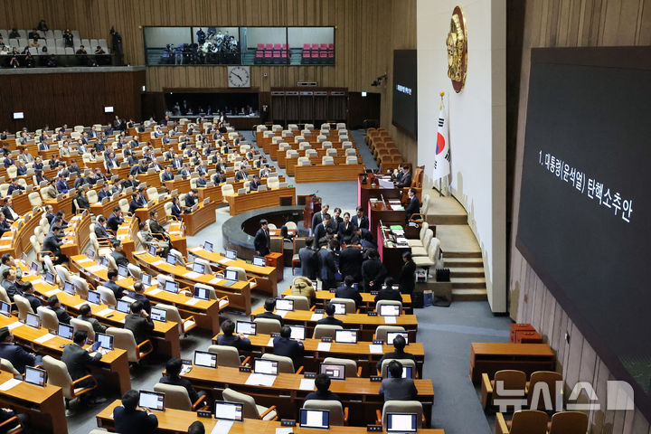 [서울=뉴시스] 조성우 기자 = 14일 오후 서울 여의도 국회에서 열린 제419회국회(임시회) 제4차 본회의에서 윤석열 대통령 탄핵소추안 개표가 진행되고 있다. 2024.12.14. xconfind@newsis.com