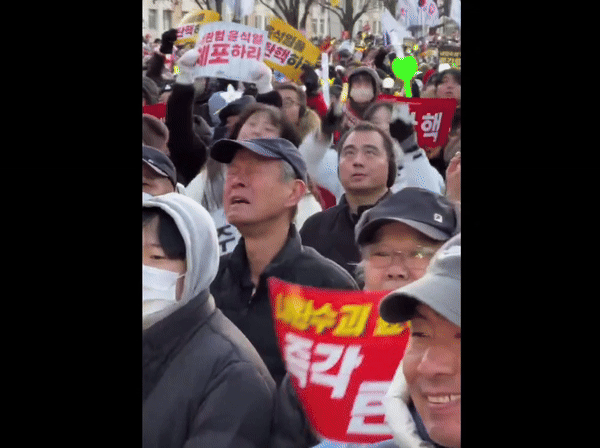 [서울=뉴시스] 14일 윤석열 대통령에 대한 탄핵소추안이 국회에서 가결되자 눈물을 터뜨린 이승방씨. (사진=X) *재판매 및 DB 금지