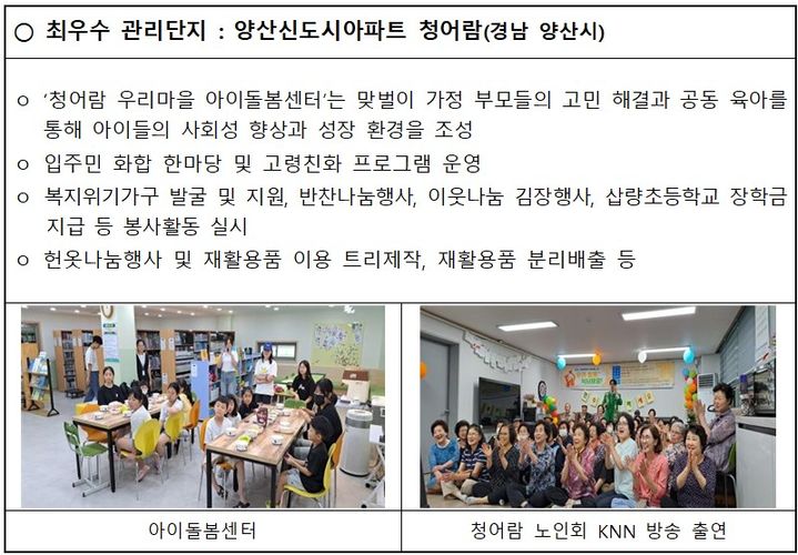 [서울=뉴시스] 올해 국토교통부의 공동주택 최우수 관리단지로 선정된 '양산신도시아파트 청어람'의 우수 사례. 2024.12.17. (자료=국토부 제공) photo@newsis.com *재판매 및 DB 금지