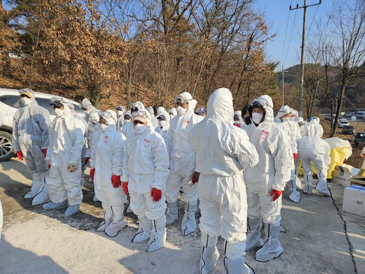 [안동=뉴시스] 지난 12일 고병원성 조류인플루엔자가 발생한 영천 산란종계 농가에서 경북도의 현장출동팀이 살처분 인력 등에 대한 교육을 하고 있다. (사진=경북도 제공) 2024.12.17. photo@newsis. *재판매 및 DB 금지