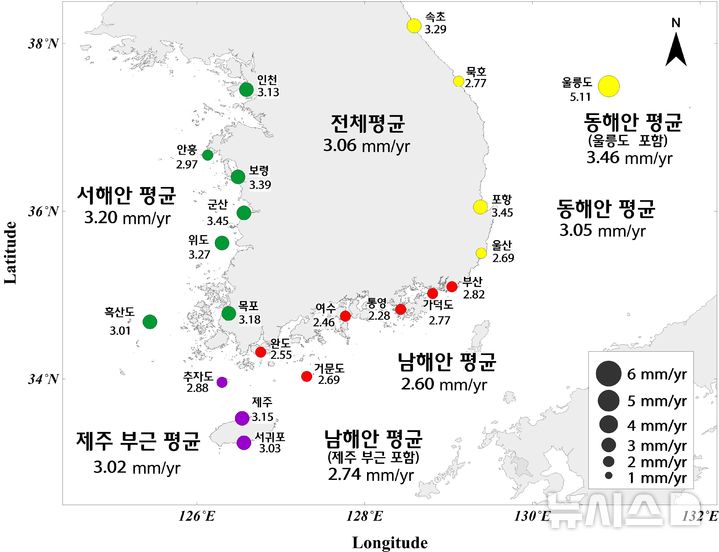 [서울=뉴시스] 최근 35년간 해수면 상승 분포도.