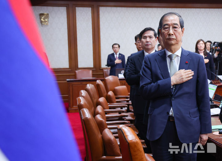 [서울=뉴시스] 조수정 기자 = 한덕수 대통령 권한대행 국무총리가 19일 서울 종로구 정부서울청사에서 열린 임시 국무회의에서 국기에 경례하고 있다. 2024.12.19. chocrystal@newsis.com