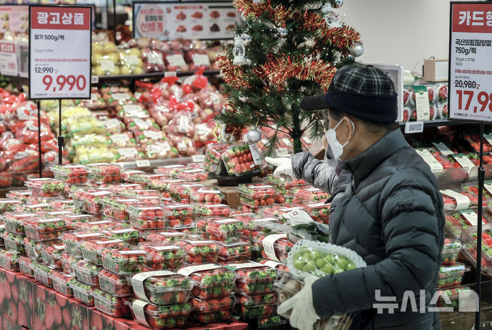 [서울=뉴시스] 정병혁 기자 = 서울의 한 대형마트에서 시민들이 딸기를 고르고 있다. 겨울철 대표 과일인 감귤과 딸기 가격이 강세를 보이고 있다. 2024.12.19. jhope@newsis.com