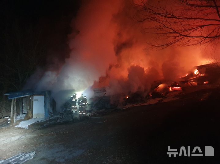 [단양=뉴시스] 19일 오후 11시53분께 충북 단양군 적성면의 1층짜리 서점에서 불이나 소방대원이 화재를 진화하고 있다. (사진= 단양소방서 제공) 2024.12.20. photo@newsis.com  *재판매 및 DB 금지