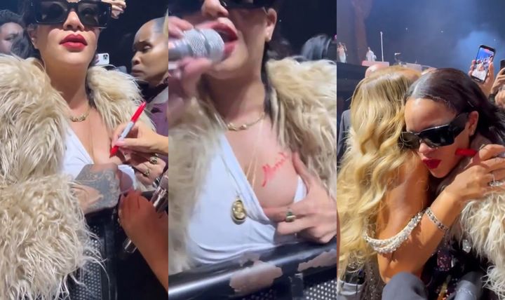 [서울=뉴시스] 미국 팝스타 머라이어 캐리(55)가 공연 도중 객석에 있던 후배 가수 리한나(36)의 가슴에 사인을 하는 모습이 화제다. (사진=X) *재판매 및 DB 금지