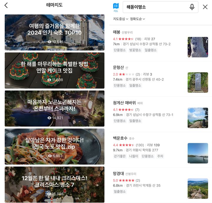 [서울=뉴시스] 22일 카카오에 따르면 카카오맵은 테마지도를 통해 크리스마스 인증사진 명소, 인기 숙소·온천 등 연말연시에 가볼 만한 장소들을 추천한다. '크리스마스 명소', '연말 케이크 맛집', '2024 인기 숙소' 등 다양한 테마지도를 제공하고 있다. (사진=카카오 제공) *재판매 및 DB 금지