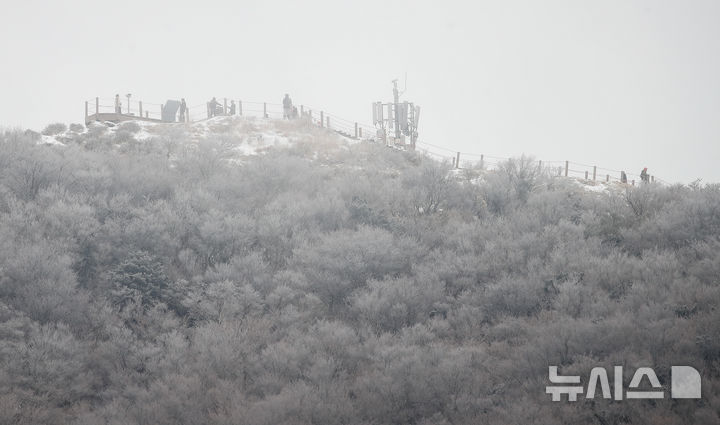 [제주=뉴시스] 우장호 기자 = 한라산 정상부 출입이 전면 통제된 22일 오전 제주 어리목 탐방로 대신 어승생 코스를 찾은 등반객들이 겨울 정취를 만끽하고 있다. 2024.12.22. woo1223@newsis.com