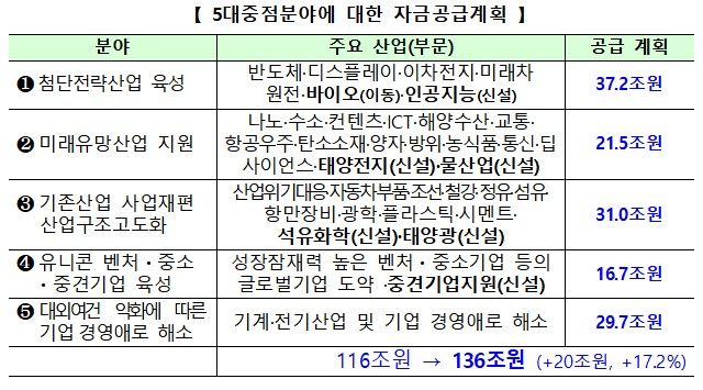 [서울=뉴시스] 5대 중점 분야에 대한 자금공급계획. (자료=금융위원회 제공) *재판매 및 DB 금지