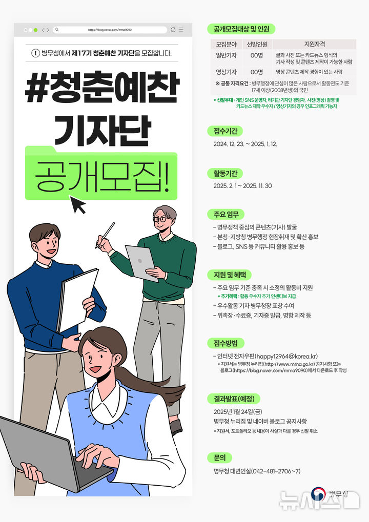 [부산=뉴시스] '2025 청춘예찬기자단 모집' 포스터. (그림=부산울산병무청 제공) 2024.12.24. photo@newsis.com