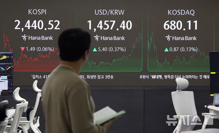 [서울=뉴시스] 김진아 기자 = 24일 서울 중구 하나은행 딜링룸에서 딜러들이 업무를 보고 있다. 코스피는 전 거래일(2442.01)보다 1.49포인트(0.06%) 내린 2440.52에, 코스닥지수는 전 거래일(679.24)보다 0.87포인트(0.13%) 하락한 680.11에 거래를 종료했다. 서울 외환시장에서 원·달러 환율은 전 거래일(1452.0원)보다 4.4원 오른 1456.4원에 마감했다. 2024.12.24. bluesoda@newsis.com