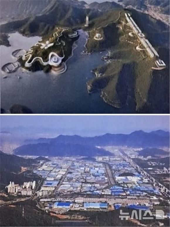 [창원=뉴시스]통영 관광지구 조감도(위)와 창원 미래 모빌리티지구가 들어설 창원국가산단 전경.