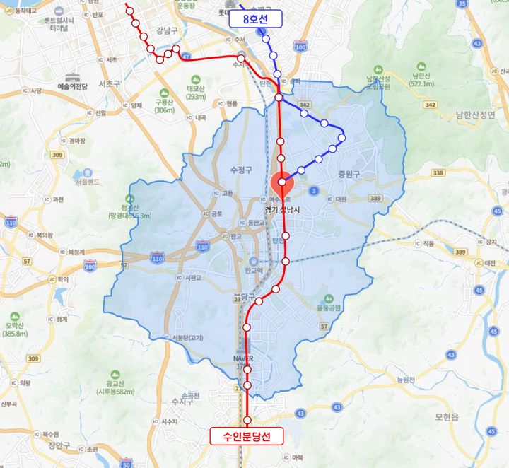 [서울=뉴시스] 성남지역 지하철 노선 현황. 2024.12.27. (자료=서울시 제공) *재판매 및 DB 금지