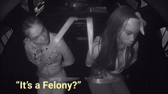 [서울=뉴시스] 미국 캘리포니아주 오렌지 카운티의 절도범 일행이 경찰차 안에서 "이게 중범죄냐"고 묻고 있다. (사진= '실비치 경찰국' ) 2024.12.27. photo@newsis.com *재판매 및 DB 금지